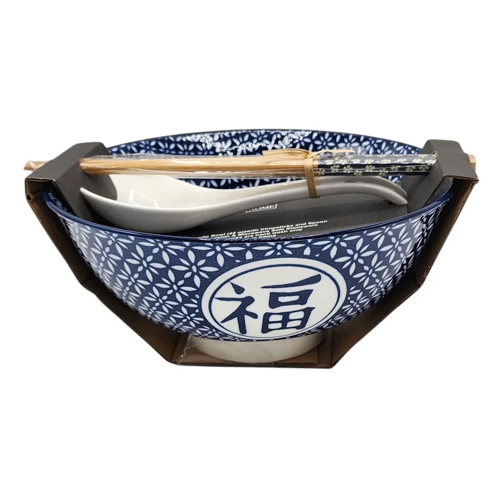 SH Home Blue Fu Floral Ceramic Ramen Noodle Bowl 42oz With 2 Chopstick And Spoon